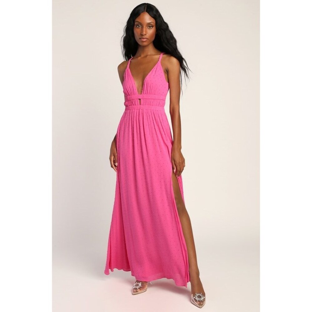 Lulus Soiree Sweet Hot Pink Swiss Dot Sleeveless Maxi Dress - Size M